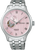 Montre pour homme avec cadran rose, chiffres romains et bracelet en métal argenté