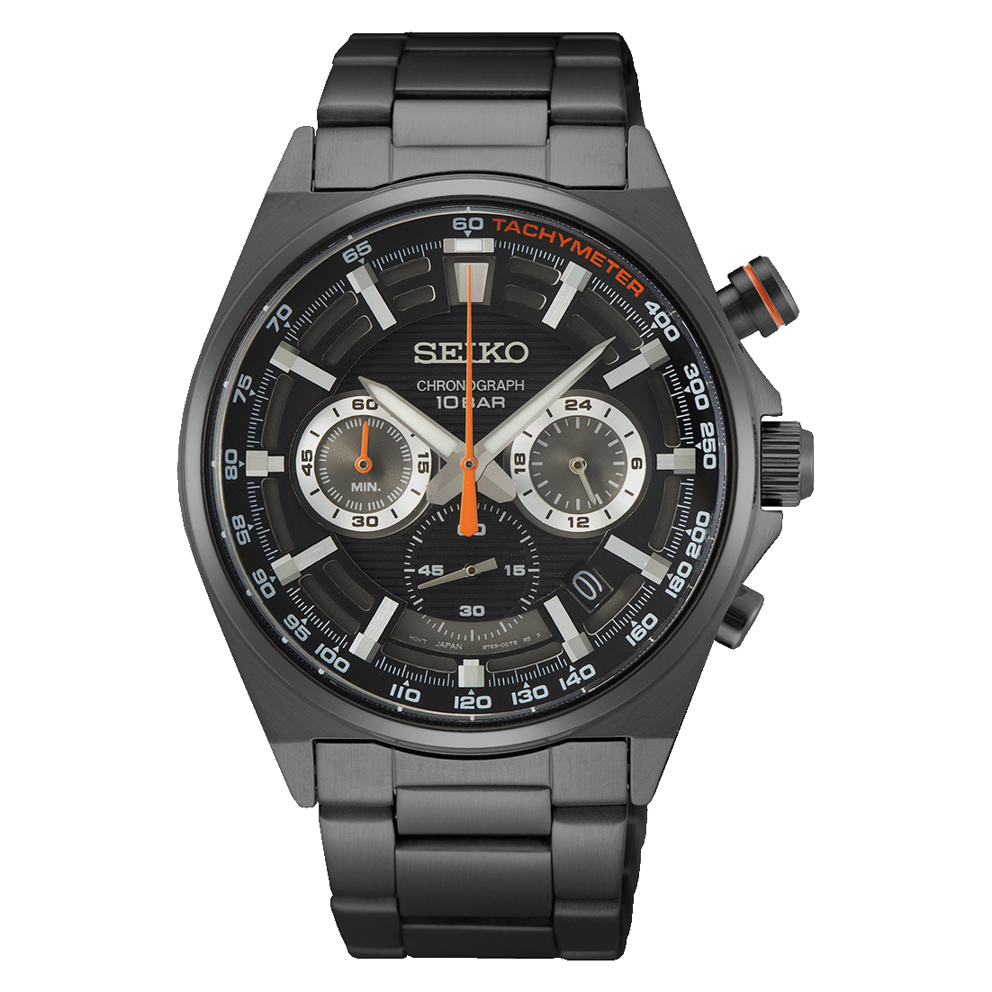 Herren-Chronographen-Armbanduhr: schwarzes Zifferblatt, Tachymeter-Lünette, orange Zeiger, Band
