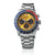 Herren-Armbanduhr Frontansicht mit Stahlarmband, orangefarbenem Zifferblatt und Chronographen