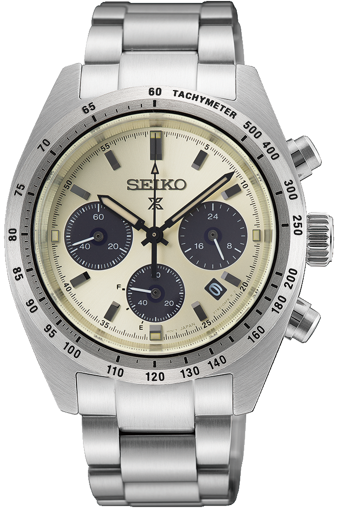 Montre chronographe pour homme : boîtier argenté en acier inoxydable, cadran beige, compteurs auxiliaires foncés