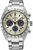 Montre chronographe pour homme : boîtier argenté en acier inoxydable, cadran beige, compteurs auxiliaires foncés