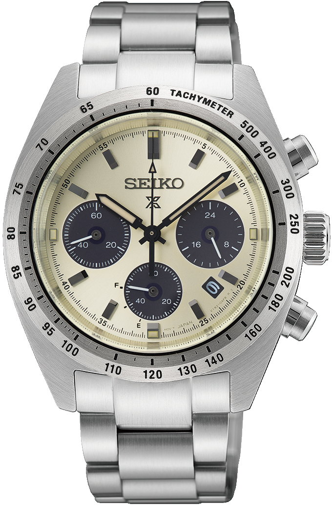 Montre pour homme avec bracelet en acier inoxydable argenté, cadran beige et sous-cadrans chronographes