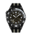 Schwarze Swatch Armbanduhr mit drehbarer Lünette, Zeigern und Ziffern auf dunklem Zifferblatt