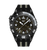 Schwarze Swatch Armbanduhr mit schwarzem Armband und Lünette mit Index, Zeigern auf dunklem Zifferblatt