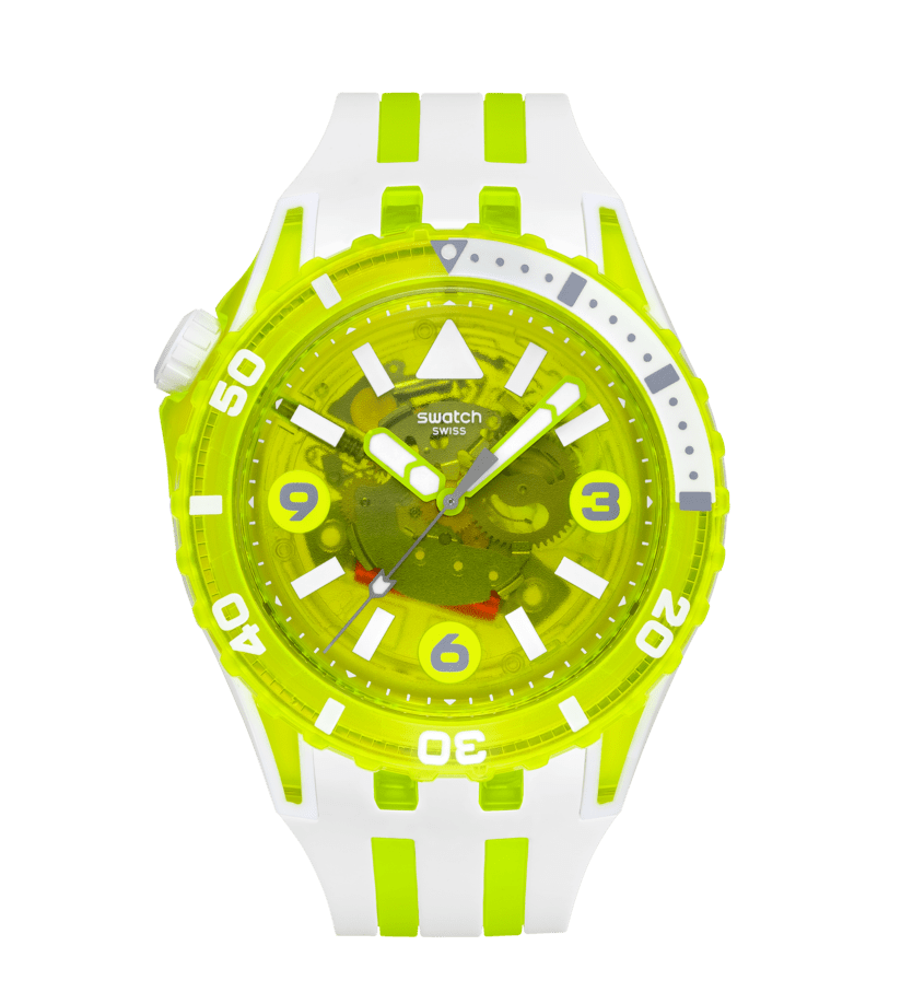 Swatch Taucheruhr mit gelbgrünem Zifferblatt und weißem Silikonarmband