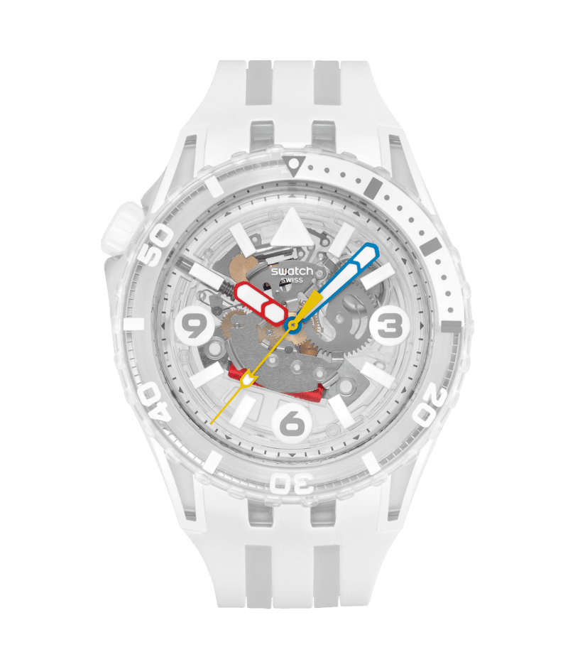 Swatch Scubaqua Armbanduhr in Weiß mit leuchtenden Indexen und farbigen Zeigern