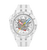 Swatch Damenuhr mit weißem Silikonarmband, sichtbarem Zifferblatt mit bunten Zeigern