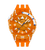 Swatch Armbanduhr: orangefarbenes Gehäuse, weiß-blaue Lünette, Tauchziffern