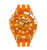 Swatch Armbanduhr mit orangefarbenem Zifferblatt, weißen Indexen und blauer Lünette