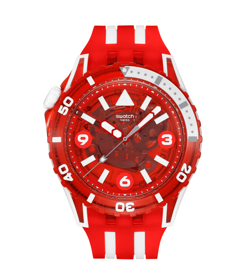 Rote Swatch-Armbanduhr mit transparenter Lünette, Ziffern und Armband in Bioceramik-Optik