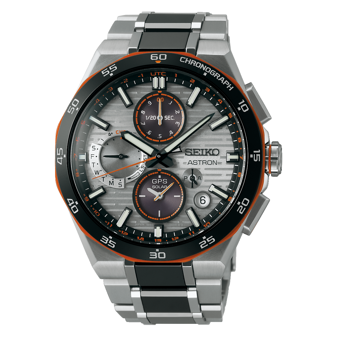 Seiko Astron Chronograph: schwarzes Zifferblatt, orange Akzente, graues Titanarmband