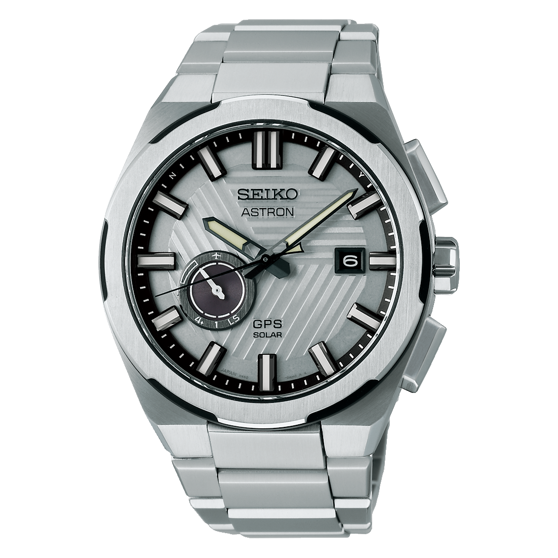 Herrenarmbanduhr mit SEIKO ASTRON-Aufdruck, GPS Solar am Zifferblatt und Datum bei 6