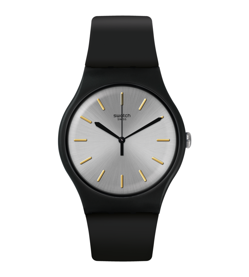Herrenarmbanduhr mit schwarzem Silikonband, silbernem Zifferblatt und goldenen Indexen