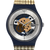 Swatch Herren-Armbanduhr Detail: rundes blaues Gehäuse, gewebtes Karoarmband, Zifferblatt mit Mechanik