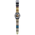 Swatch Herren-Armbanduhr: langes gewebtes Karoarmband mit blauem Mittelstreifen, rundes Uhrwerk-Zifferblatt