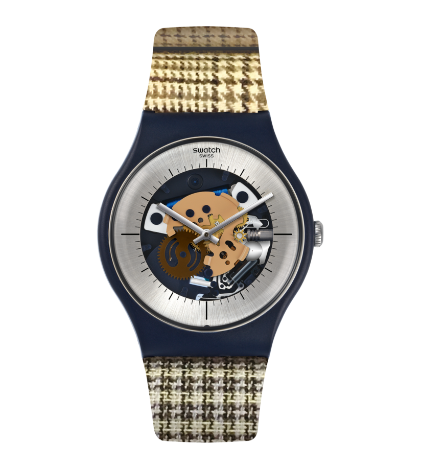 Swatch Herren-Armbanduhr: rundes blaues Gehäuse, gewebtes Karoarmband, Uhrwerk-Design