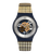 Swatch Herren-Armbanduhr Frontansicht: blaues rundes Gehäuse, Karoarmband, farbiges Uhrwerk-Illustrationsdesign
