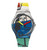 Swatch Armbanduhr: rundes Gehäuse, blaues Armband, Kunstzifferblatt mit gelben Zeigern