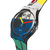 Schwarze Swatch-Armbanduhr, Nahansicht: rundes Zifferblatt mit farbiger Kunstgrafik und Zeigern.