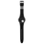 Schwarzes Swatch-Armband mit Verschluss und runder Schraubabdeckung, Rückseite der Uhr.