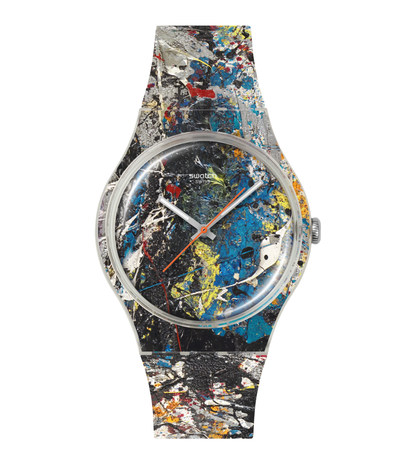 Armbanduhr mit transparentem Gehäuse, Spritzdekor-Zifferblatt und orangefarbenen Zeigern