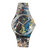 Transparente Swatch Armbanduhr mit buntem Muster-Zifferblatt und schwarzem Band