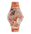Armbanduhr mit rundem Glas, goldenen Zeigern und beigem Armband mit Pferde-Wolken-Motiv