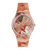 Armbanduhr mit mehrfarbigem Zifferblatt, runden Zeigern und orangefarbenem Armband
