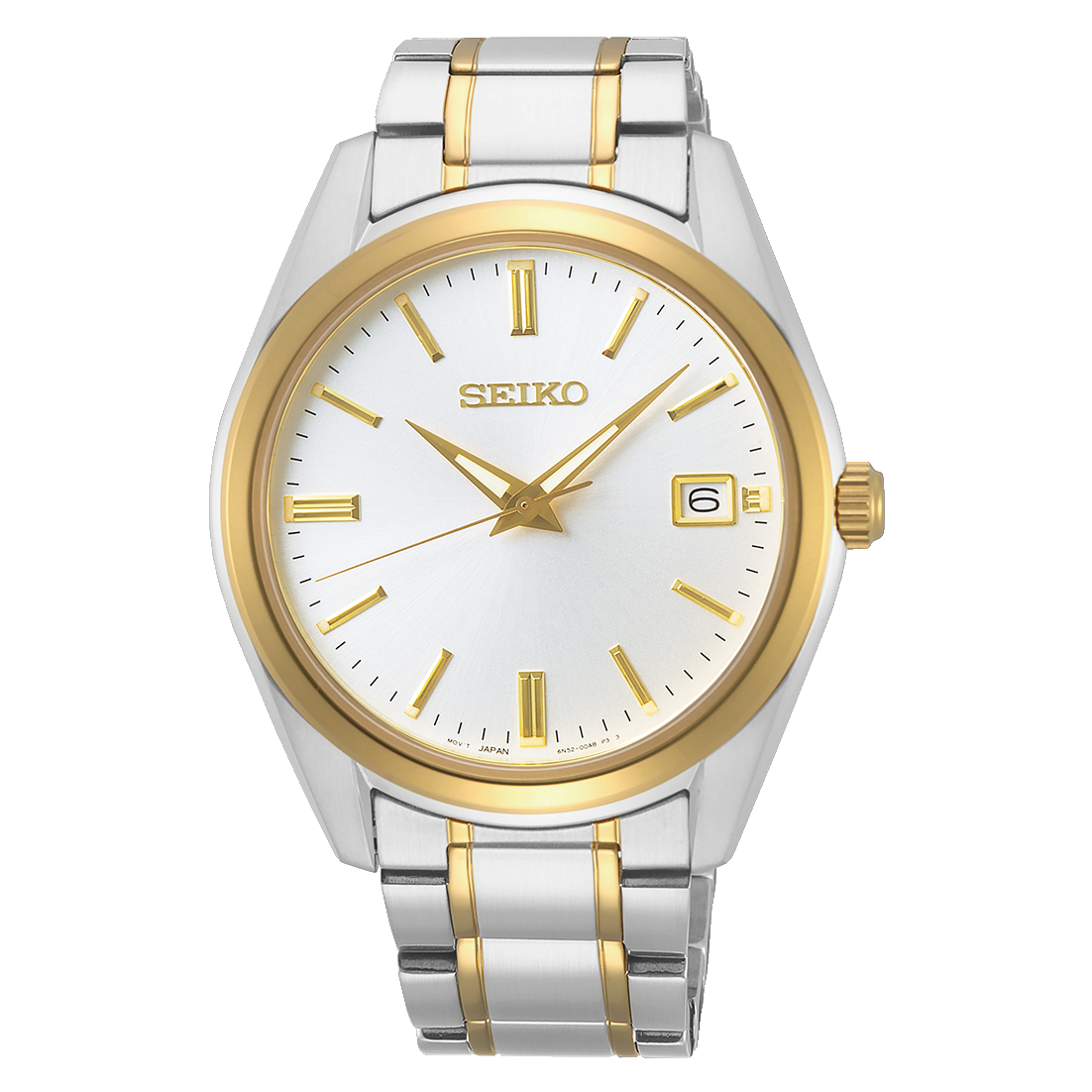 Seiko Herrenuhr mit silbernem Metallarmband, weißem Zifferblatt und goldenen Akzenten, rundem Gehäuse