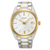 Seiko Herrenuhr mit silbernem Metallarmband, weißem Zifferblatt und goldenen Akzenten, rundem Gehäuse