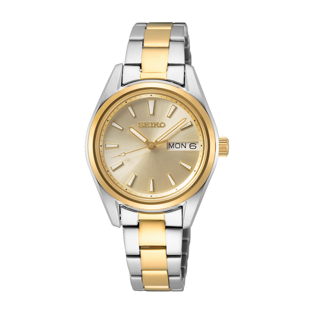 Seiko Damenarmbanduhr mit goldenem Zifferblatt, zweifarbigem Edelstahlband und Datumsanzeige