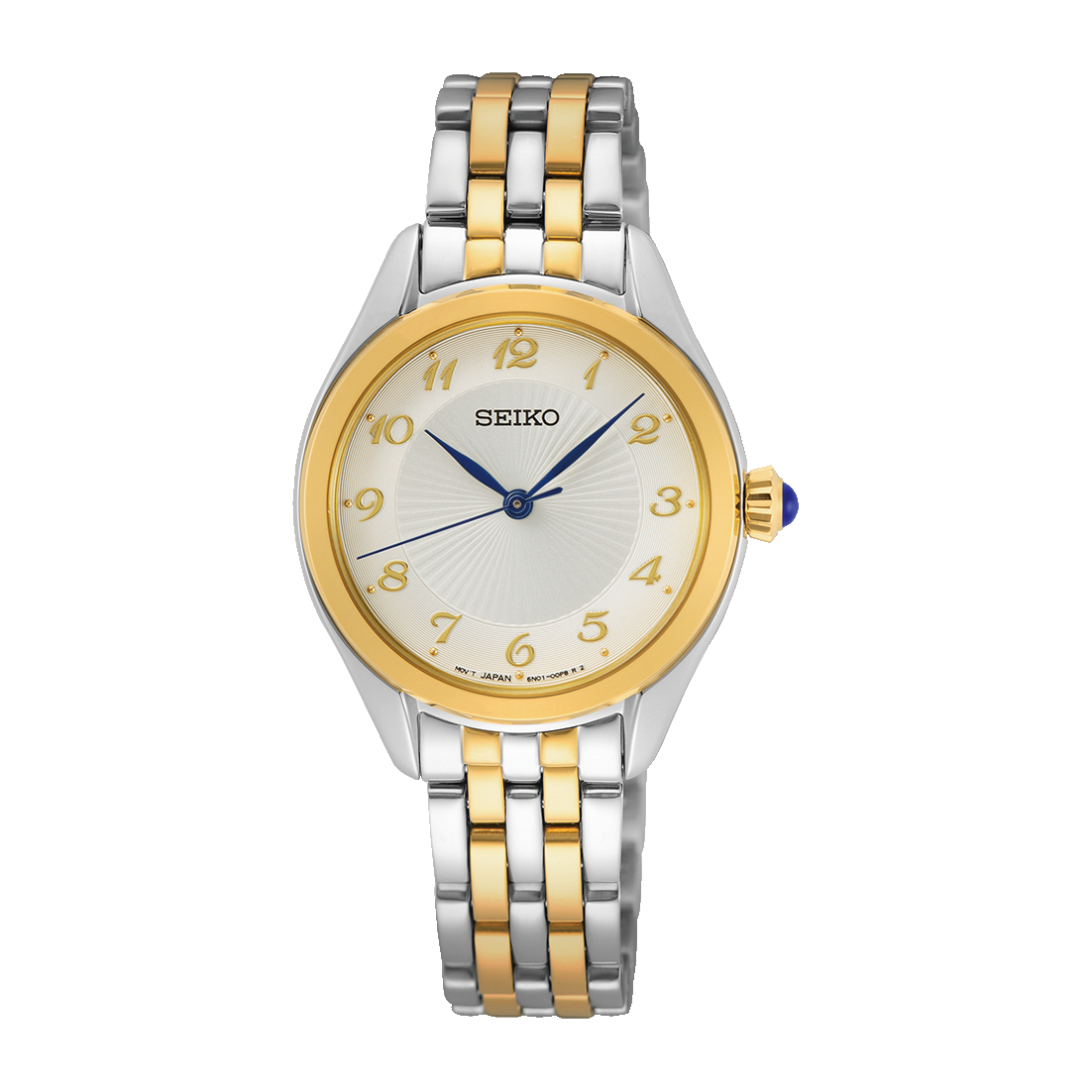 Seiko Damen-Armbanduhr: zweifarbiges Metallband, weißes Zifferblatt mit goldenen Akzenten