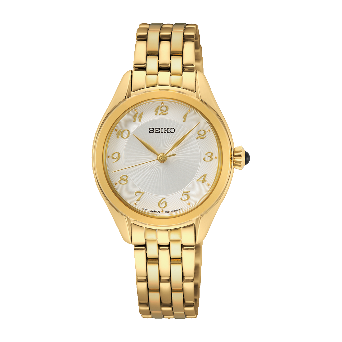 Seiko Damenuhr mit goldenem Metallband, rundem Zifferblatt und Datumsanzeige