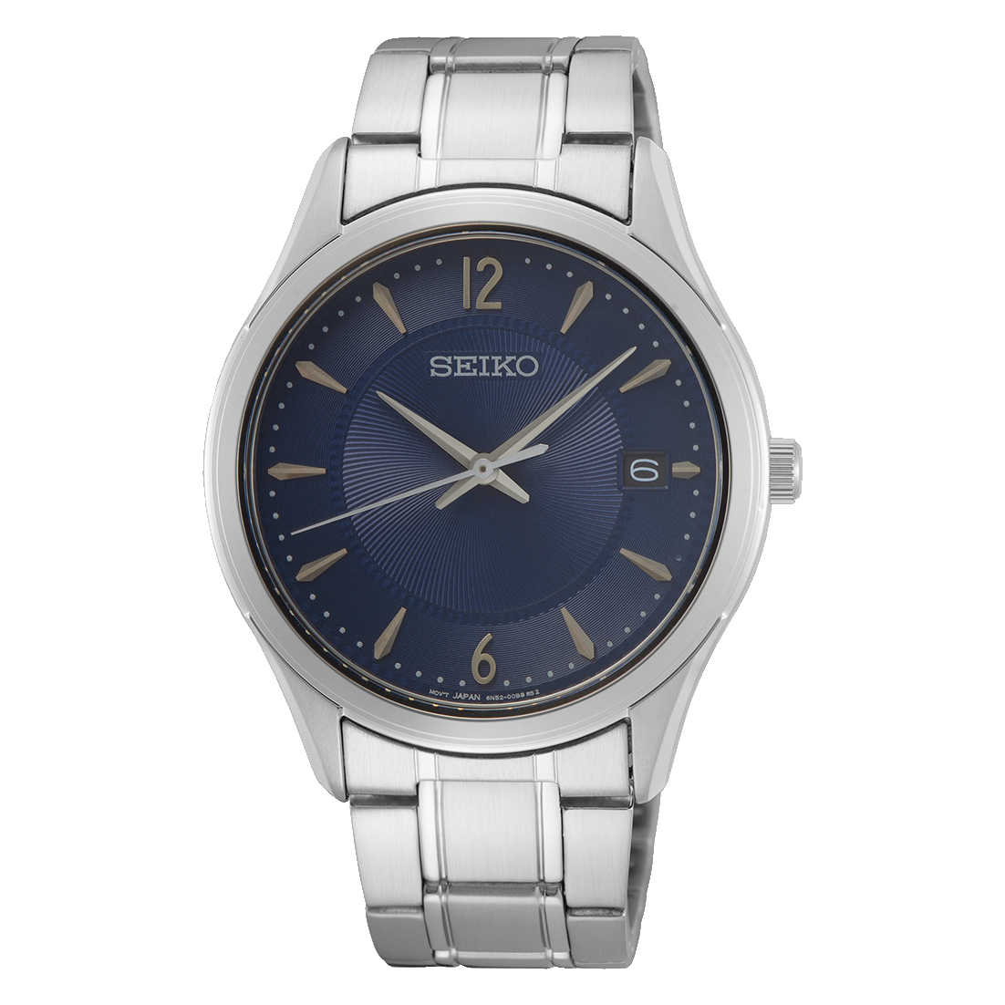 Herrenarmbanduhr Seiko mit blauem Zifferblatt, Datumsanzeige bei 6, Edelstahlband.