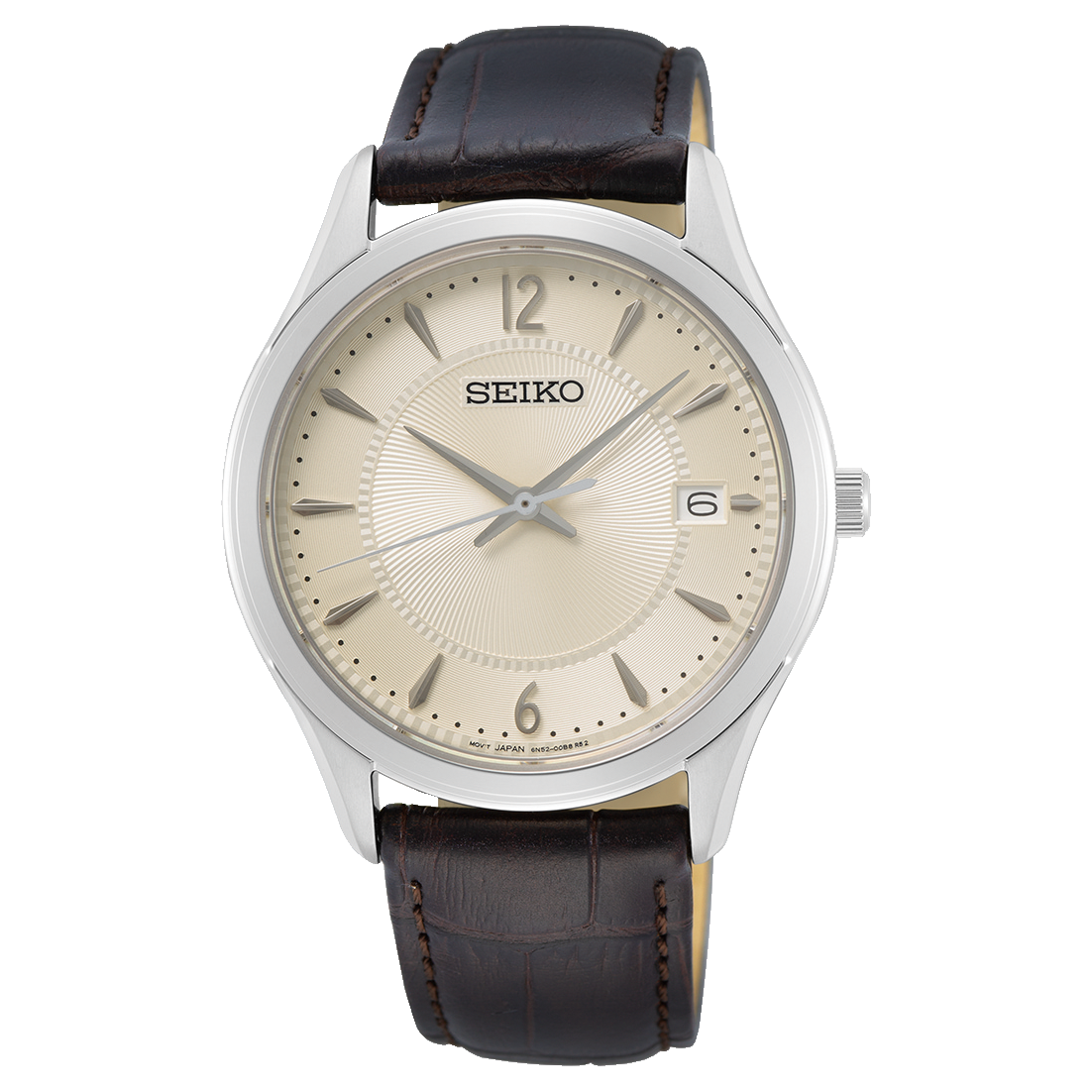 Seiko Herrenarmbanduhr mit braunem Lederband, rundem Gehäuse und weißem Zifferblatt