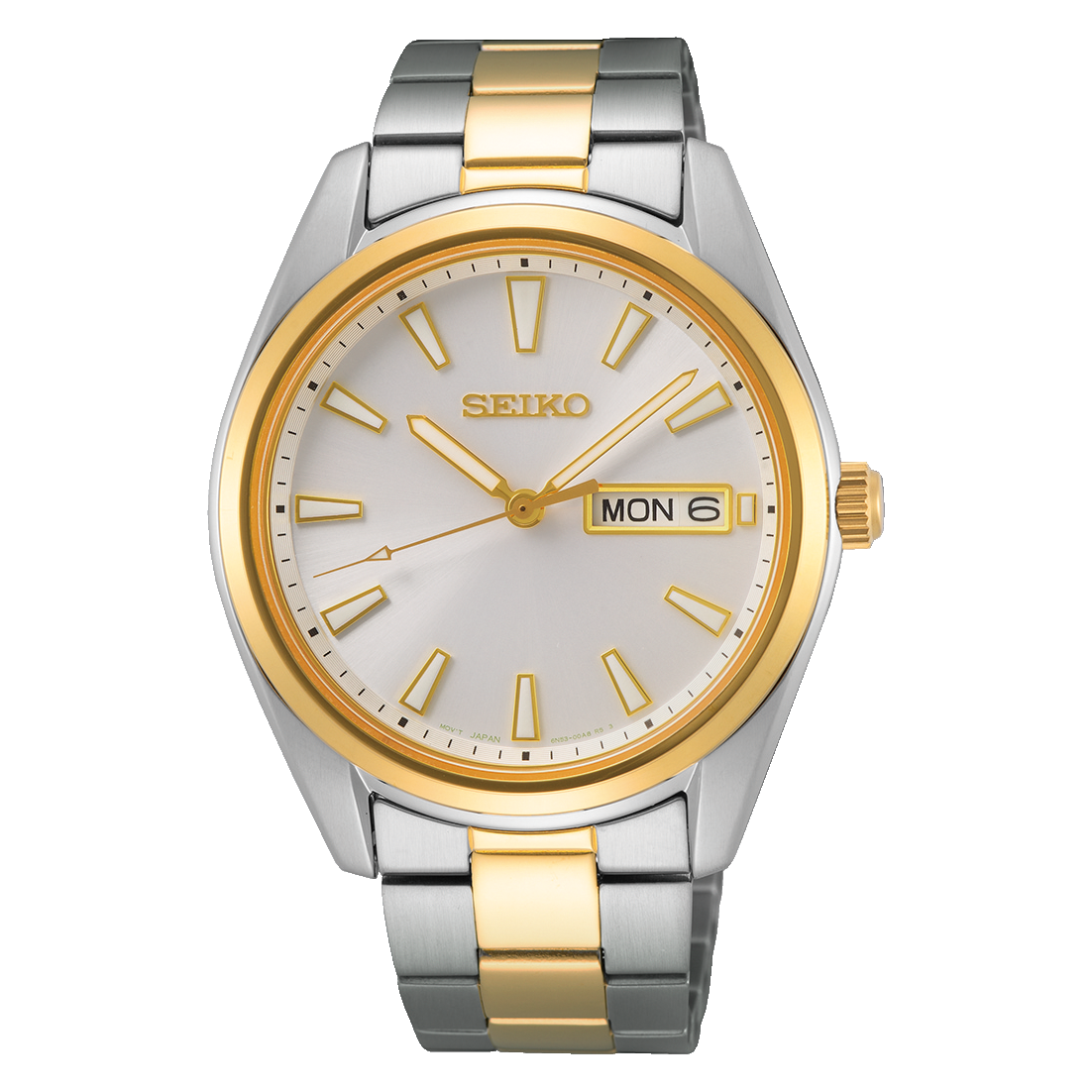 Seiko Herrenarmbanduhr zweifarbig silber/gold mit weißem Zifferblatt und Datumsanzeige