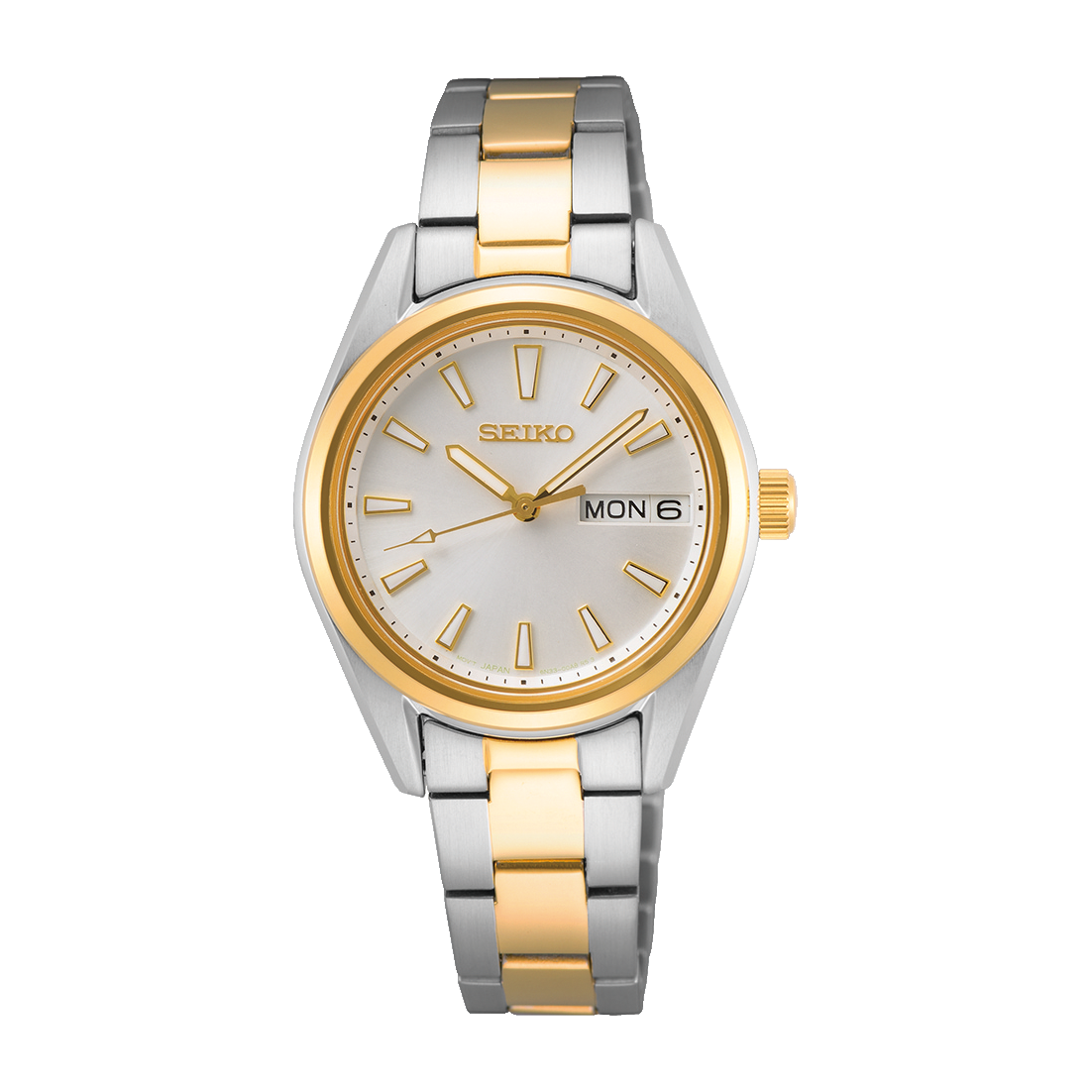 Damenarmbanduhr von Seiko, zweifarbiges Edelstahlband, rundes weißes Zifferblatt mit Datumsfenster