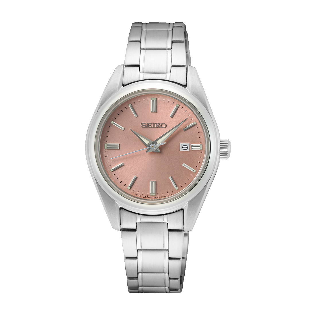 Seiko Damenuhr mit rosafarbenem Zifferblatt, Edelstahlarmband und analoger Anzeige