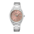 Seiko Damenuhr mit rosafarbenem Zifferblatt, Edelstahlarmband und analoger Anzeige