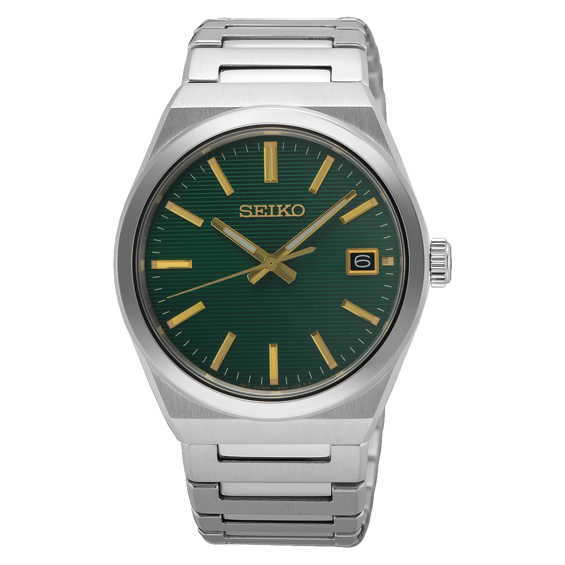 Seiko Herrenuhr mit grünem Zifferblatt, silbernem Edelstahlband und Datumsfenster