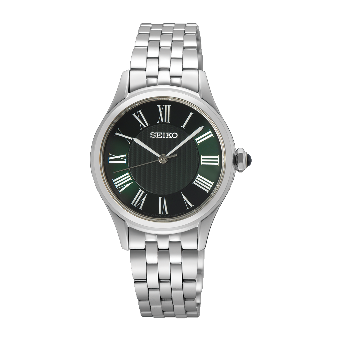 Seiko Damenuhr mit grünem Zifferblatt, römischen Ziffern und Edelstahlarmband.