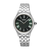 Seiko Damenuhr mit grünem Zifferblatt, römischen Ziffern und Edelstahlarmband.