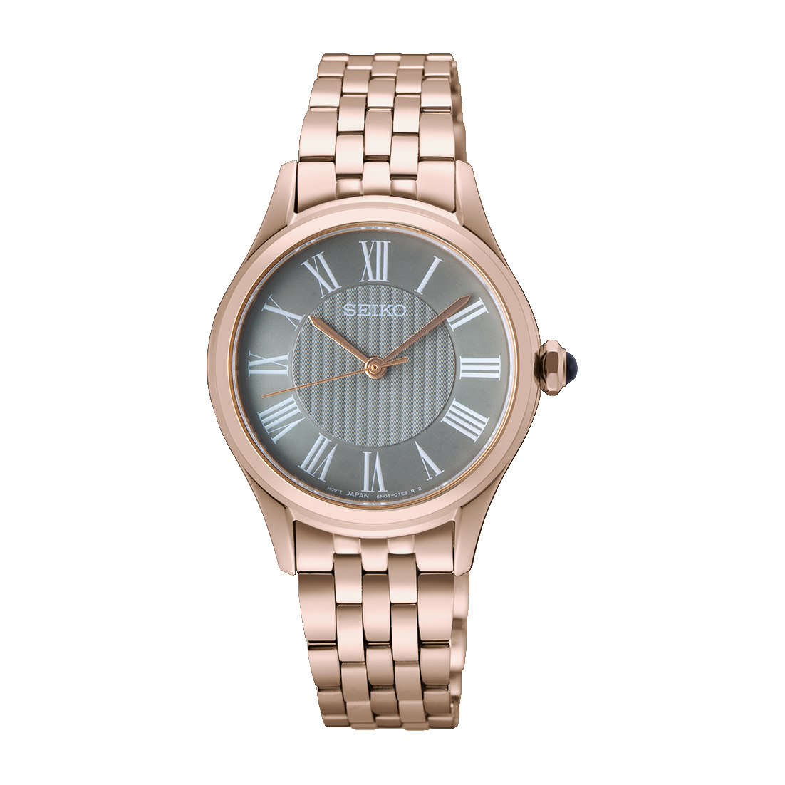 Seiko Damenuhr mit roségoldfarbenem Metallarmband und rundem Zifferblatt mit römischen Ziffern