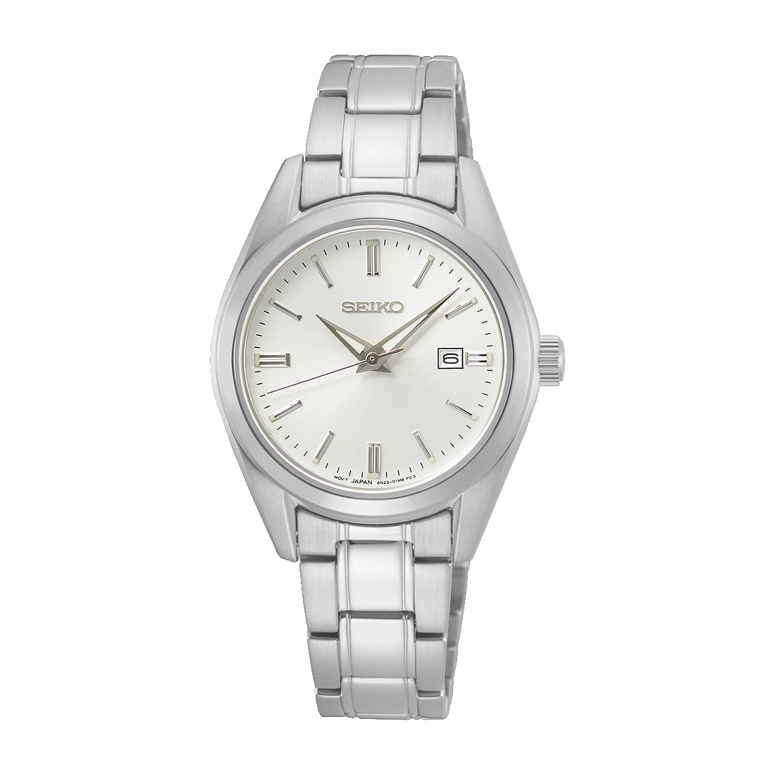 Seiko Damenarmbanduhr mit silbernem Edelstahlarmband und hellem Zifferblatt