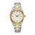 Seiko Armbanduhr mit zweifarbigem Metallband, rundem Goldring und weißem Zifferblatt