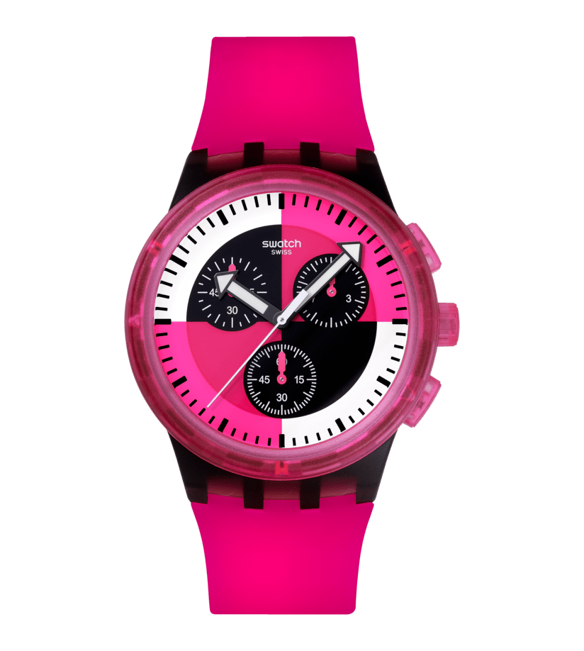 Fuchsia Armbanduhr mit schwarzem Zifferblatt, Chronographenanzeigen und schwarzem Armband