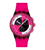 Fuchsia Armbanduhr mit schwarzem Zifferblatt, Chronographenanzeigen und schwarzem Armband
