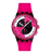 Fuchsia Armbanduhr von vorn: schwarzes Zifferblatt mit Chronographenanzeigen