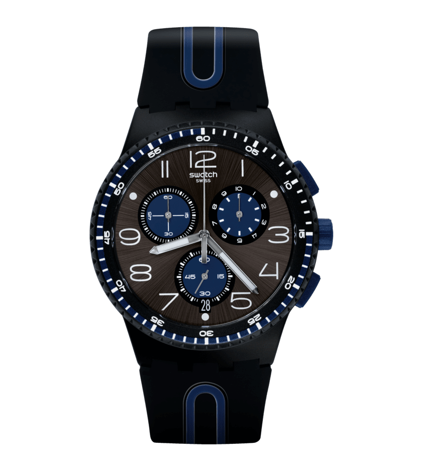 Herren-Chronograph mit schwarzem Kunststoffarmband und blauem Akzent, rundes Zifferblatt.