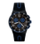 Herren-Chronograph mit schwarzem Kunststoffarmband und blauem Akzent, rundes Zifferblatt.